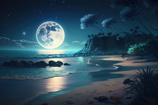 Beautiful beach moonlight romantic environment Generative AI