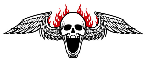 Skull logo mascot with 2 bird wings and additional fire accents. This logo can be edited according to your needs. © Moa.Vision