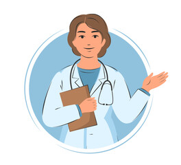 Doctor woman in white coat. Consultations and diagnostics. Friendly and caring medical worker. Vector illustration.