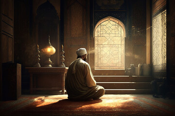 a muslim man praying in mosque, ramdan, islamic background, Generative AI - obrazy, fototapety, plakaty