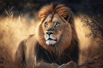 Naklejka premium Lion in Africa closeup. Generative AI