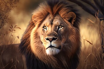Lion in Africa closeup. Generative AI - obrazy, fototapety, plakaty
