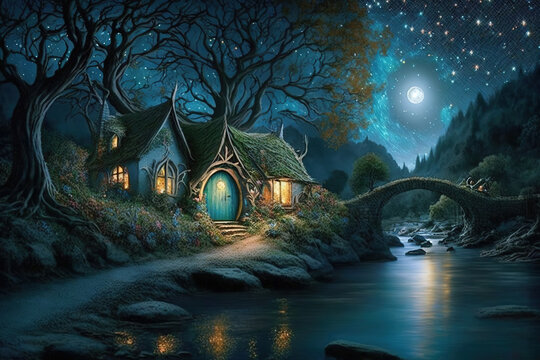 Elves houses in the magical starry night Generative AI