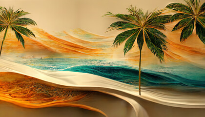 Illustrated tropical paradise beach with beautiful magical palm trees hanging 3d illustration. Generative Ai