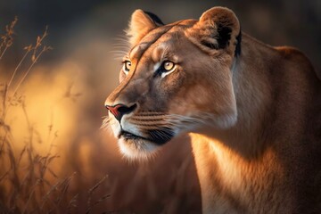 Fototapeta na wymiar Lioness in Africa savannah. Generative AI