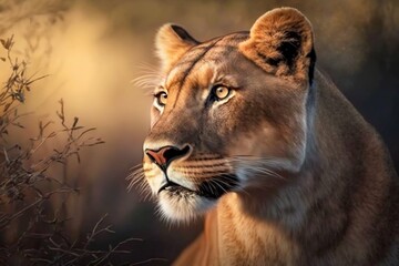 Obraz na płótnie Canvas Lioness in Africa savannah. Generative AI