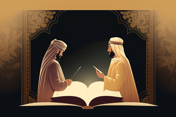 Illustration, Arab Muslim Mans Dialogue, Book, Ramadan Kareem, Generative Ai