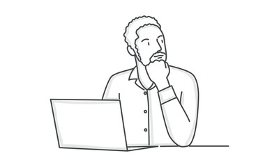 Young man with beard before the laptop finding new idea.