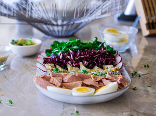 Keto Healthy Tuna Salad. Lunch on Marble Background. Selective Focus.