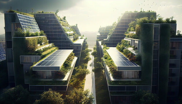 Konzept einer modernen Stadtsilhouette mit vertikalen Gärten und Sonnenkollektoren auf den Dächern, Generative AI