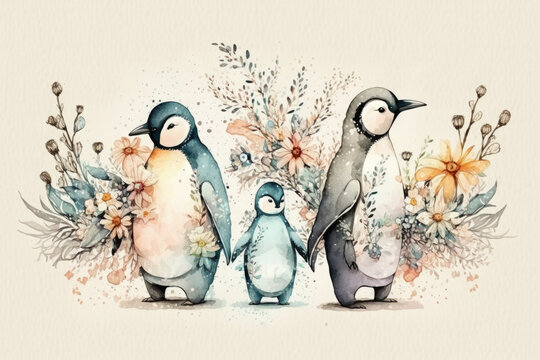 Watercolor cute penguins family with flowers. Cartoon animal portrait design. Spring holiday card. Love, family concept. Generative AI