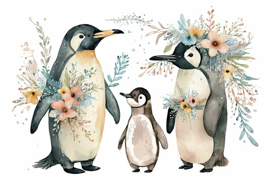 Watercolor cute penguins family with flowers. Cartoon animal portrait design on white background. Spring holiday card. Love, family concept. Generative AI