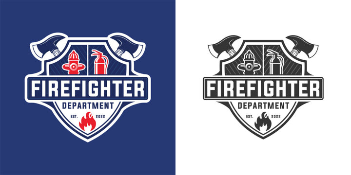 Firefighter logo silhouette, firefighter department emblem badge shield protection with axe design, fire hydrant illustration, extinguisher vector, and fire icon