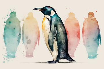 Watercolor cute penguin with flowers. Cartoon animal portrait design. Spring holiday card. Love, family concept. Generative AI