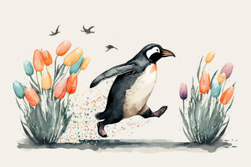 Watercolor cute penguin running from flowers. Cartoon animal portrait design. Spring holiday card. Funny illustration. Generative AI