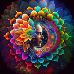 Chakra blooming colorful, pineal gland opening like a flower, third chakra, soul, sacred geometry, spiritual esoteric concept, astral, spirituality, meditation, generative ai - obrazy, fototapety, plakaty