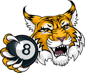 Wildcat Angry Pool 8 Ball Billiards Mascot Cartoon