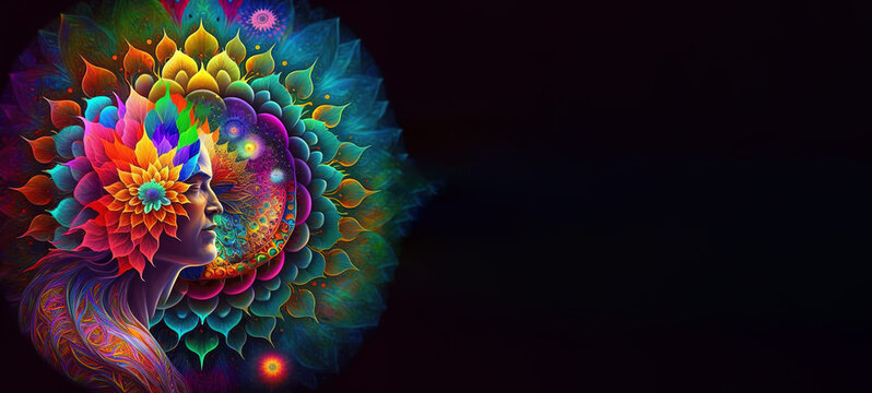 Chakra blooming colorful, pineal gland opening like a flower, third chakra, copy text, soul, sacred geometry, spiritual esoteric concept, astral, spirituality, meditation, generative ai