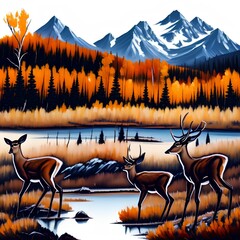 oil painting brush stroke, rocky mountain in background. foreground entire deer small on left, trees on right - generative ai 