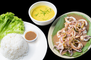 close up view grilled squid with sauce and rice.