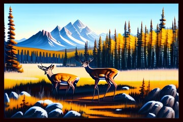 oil painting brush stroke, rocky mountain in background. foreground entire deer small on left, trees on right - generative ai 
