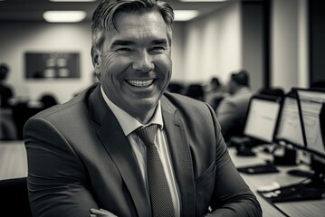 Fototapeta na wymiar Editorial photography portrait of smiling business man in office. Ai generative.