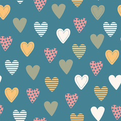 Seamless pattern with different hand drawn hearts. Spring color palette. Vector illustration.