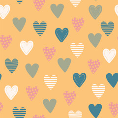 Seamless pattern with different hand drawn hearts. Spring color palette. Vector illustration.