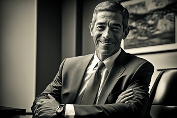 Editorial photography portrait of smiling business man in office. Ai generative.