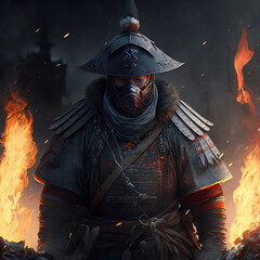 Naklejka premium Portrait of a warrior in a suit, night, fire 