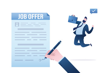 Boss hand uses pen and signs job offer, a happy job seeker in jump. Recruitment, concept. Search for employees, hiring. New manager after interview. Businessman with briefcase.