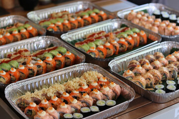 Sushi roll in sushi plate at  supermarket.