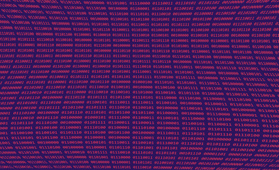 Computer binary code of ones and zeros displayed on warped digital screen with pink and blue matrix numbers
