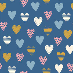 Seamless pattern with different hand drawn hearts. Spring color palette. Vector illustration.