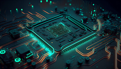 Circuit board with neon light. Digital futuristic illustration. Generative AI