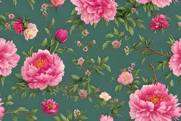 Foto auf Acrylglas Soft Pastel Floral Pattern With Peonies In Pink And Green With A Vintage Oriental Feel. Generative AI © Pixel Matrix