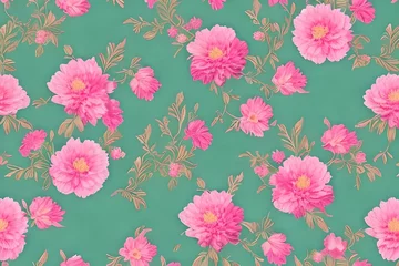Foto op Plexiglas Soft Pastel Floral Pattern With Peonies In Pink And Green With A Vintage Oriental Feel. Generative AI © Pixel Matrix