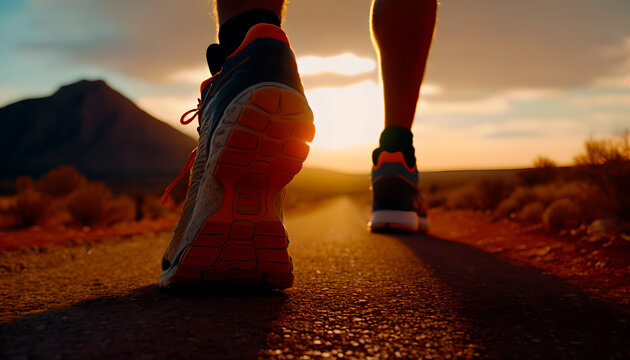 a man during a sports walk at sunset, close-up. Generative AI