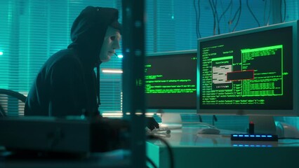 Hacker in a white mask is typing on a computer keyboard and cracking a password. A green line of codes appears on the screen. Access denied, then to access granted.