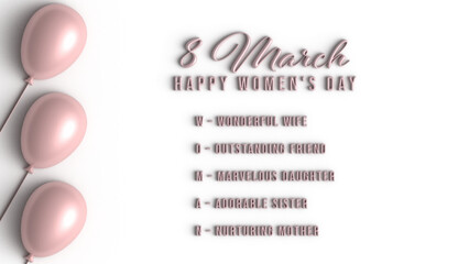 March 8, International Women's Day card. Banner with pink balloon, pastel colours background, 3d.
