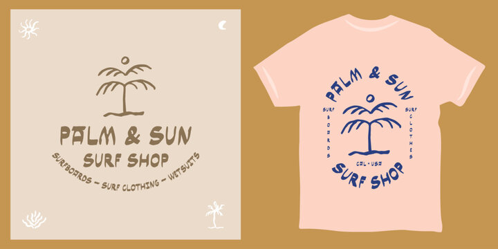 Palm and sun boho logo and t-shirt template