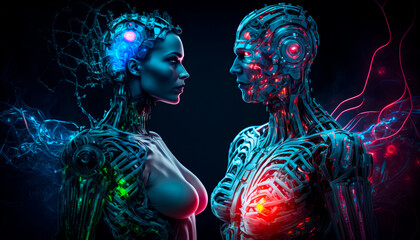 Man and woman cyborg android with glowing microchips, futuristic digital art. Generative AI