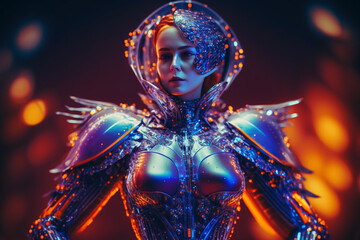 Generative ai neon illlustration futuristic cyber astronaut woman.