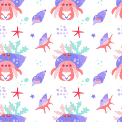 Fototapeta na wymiar Vector seamless pattern with shy hermit crab and seashells. Composition under water for the design of children's things