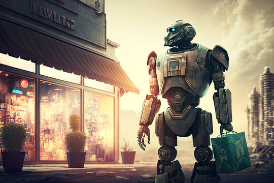 cybernated android robot shopping against background of city and futuristic house, generative ai