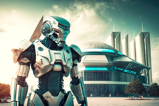 cybernated android robot shopping against background of city and futuristic house, generative ai