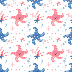 Seamless vector pattern of cute starfish and bubbles.