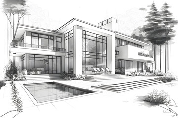 Sketch of building design of modern family house, architectural plan