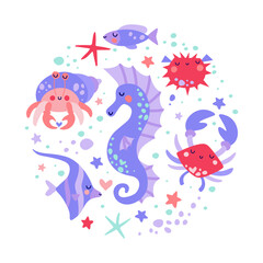 Composition of marine life. Seahorse, crab, hermit crab and fish in flat style.