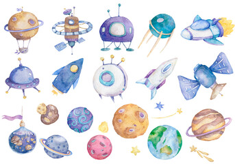 Space rockets, ships and planets watercolor illustration